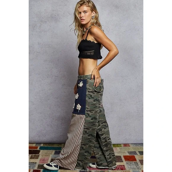 POL Camo Wide Leg Denim Wrap Pants Maxi Skirt Overlay - Picture 7 of 9